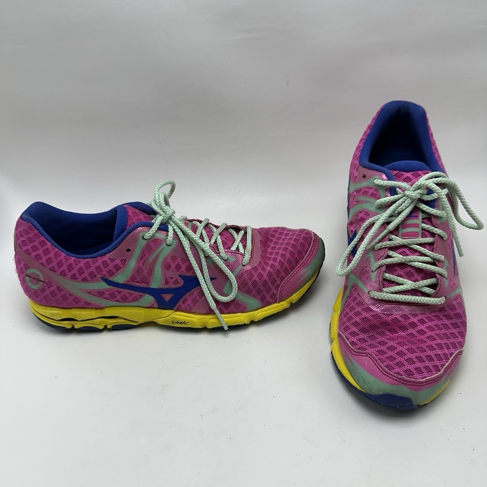 Mizuno Wave Hitogami Women's‎ Size 8 Pink Yellow Blue Running Shoes Sneakers